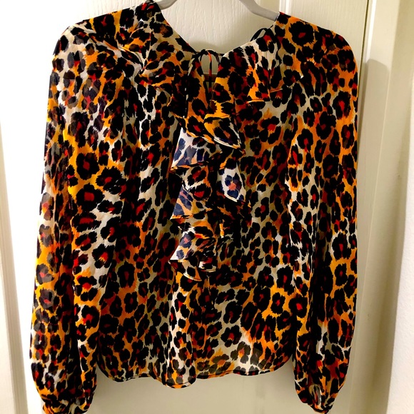 Topshop Leopard Ruffle Print Blouse, Size 6 - Picture 2 of 5
